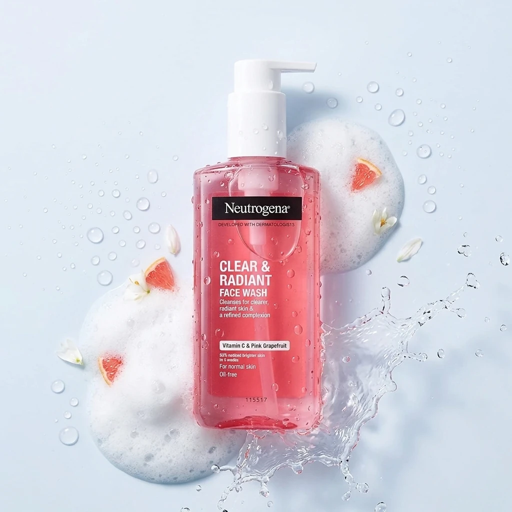 بطری ژل شستشوی صورت نوتروژینا Clear & Radiant با مایع صورتی رنگ، همراه با برش‌های گریپ فروت صورتی، کف سفید و قطرات آب.