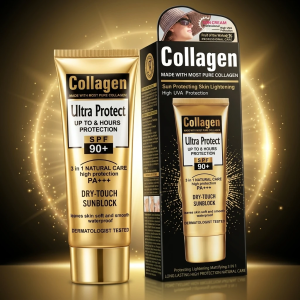ضدآفتاب کلاژن مدل Ultra Protect با SPF 90+ و فرمول مات، محافظتی کامل در برابر اشعه‌های UVA/UVB ارائه می‌دهد. سبک، ضدچربی، روشن‌کننده و قابل استفاده زیر آرایش – مناسب انواع پوست.