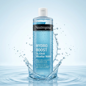 میسلار واتر نوتروژینا مدل Hydro Boost با فرمول سه‌کاره، بطری آبی‌رنگ در میان قطرات و پاشش آب