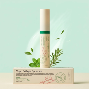 Axis-Y Vegan Collagen Eye Serum with plant extracts, green leaves and mint background, anti-aging eye serum